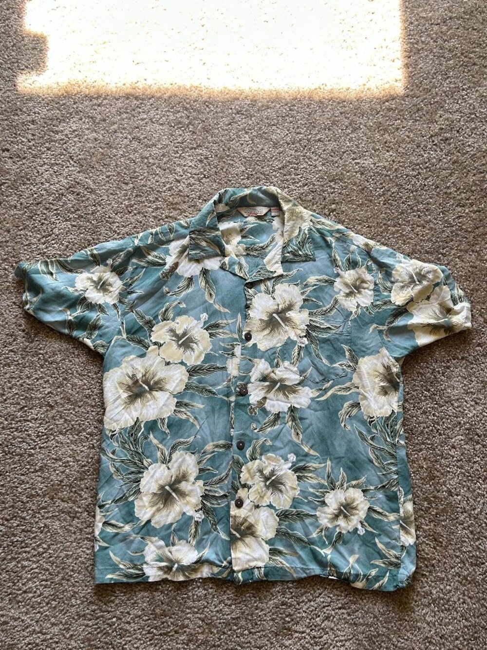 Sunny Island Hawaiian Shirt Large L Men Teal Green Hibiscus Floral Rayon